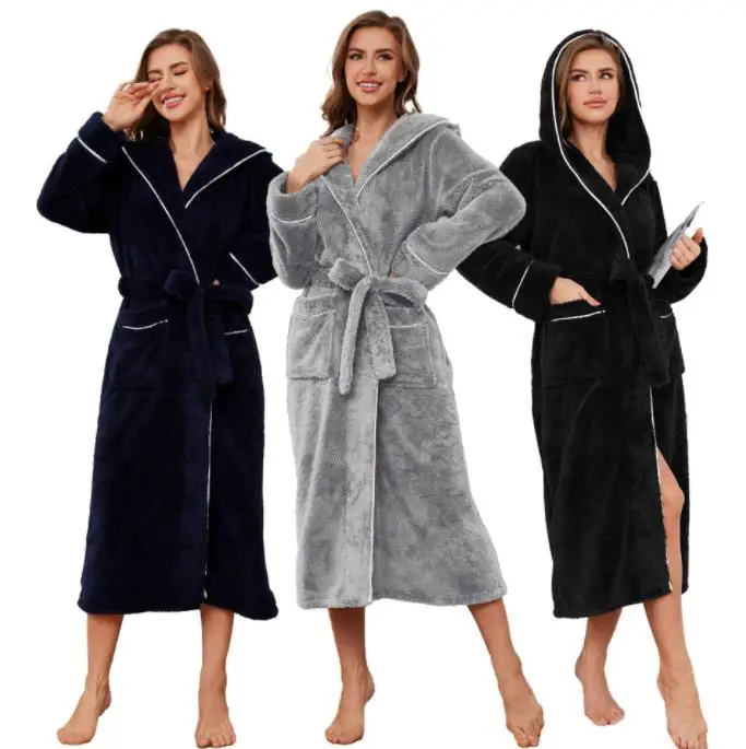 Women's Winter Flannel Kimono Robe Thick Hooded Coral Fleece Sleepwear Bathrobe Gown - Warm Home Clothing