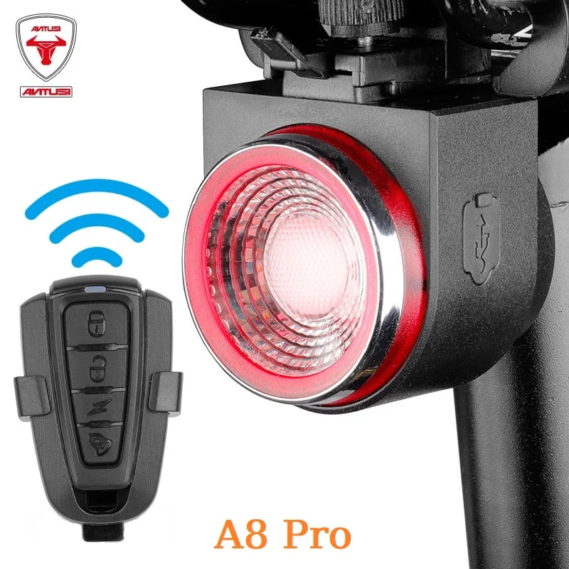 ANTUSI A8 Pro Road Bike Anti-theft Alarm Lock Auto Brake Cycling Taillight Remote Control Bicycle Rear Light MTB Wireless Bell