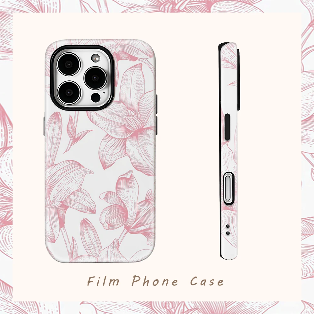 Rosa cremefarbene Blumen-Handyhülle für iPhone 16 15 14 13 12 11 X XS XR XSMAX 7 8 Pro Max Plus Doppelschichtige Rückseite