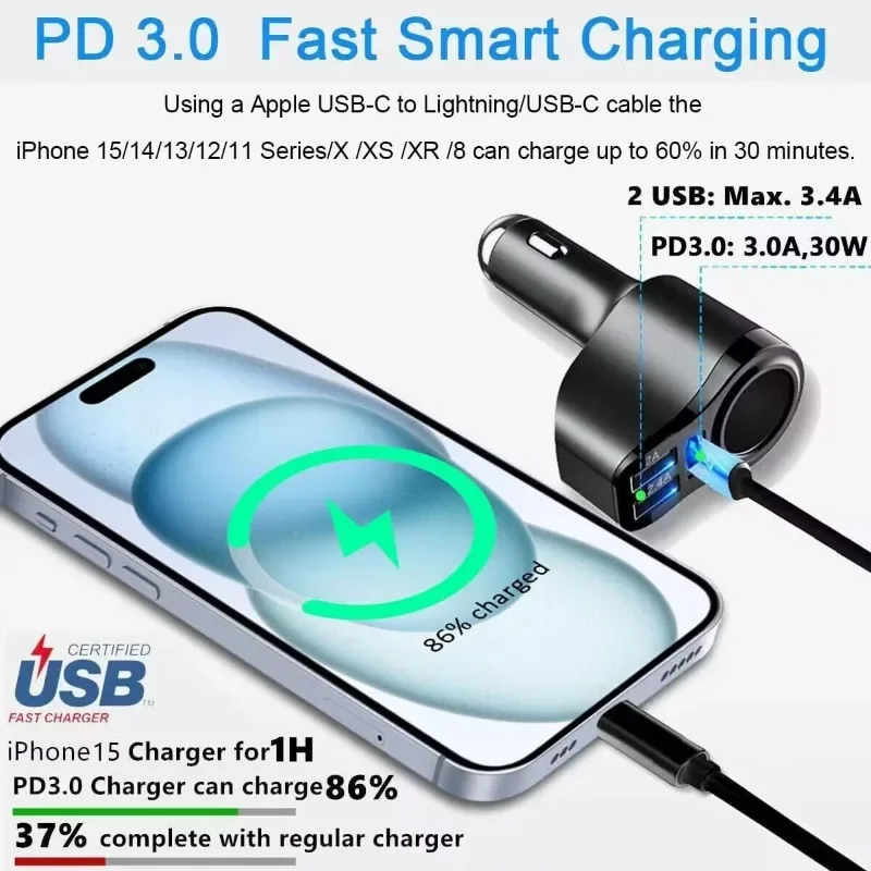 4 in 1 USB C Car Charger 168W Multi USB Cigarette Lighter Adapter, Socket Splitter with 3 USB Ports  for iPhone iPad,Samsung GPS