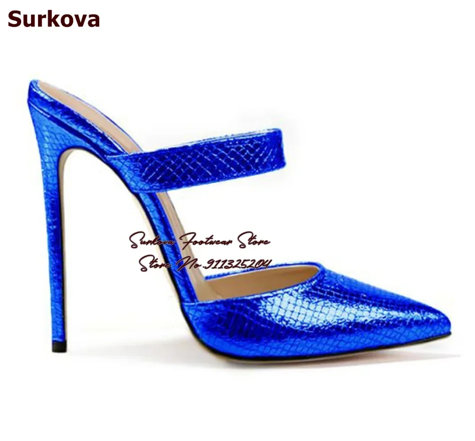 

Surkova Royal Blue Snakeskin High Heel Modern Slippers Pointed Toe Strap Slip-on Sandals Women Shallow Stiletto Heels Pumps