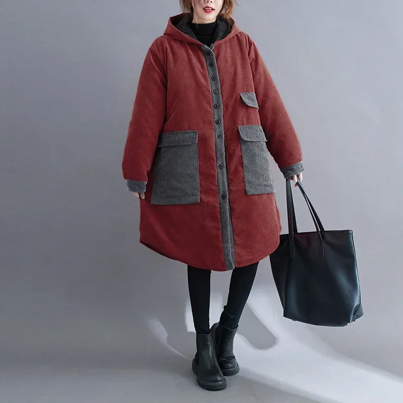 

Corduroy Large Pocket Quilted Padded Hooded Cotton Coat Autumn and Winter New Loose Large Size Mid-Length Coat for Women