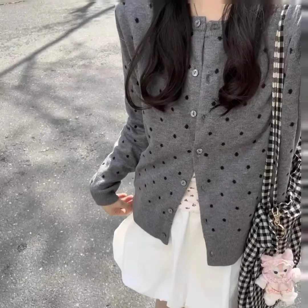 

Весна-Осень 2024, вязаный открытый кардиган в горошек, женский длинный топ све, многослойный дизайн, утягивающий универсальный сладкий S...