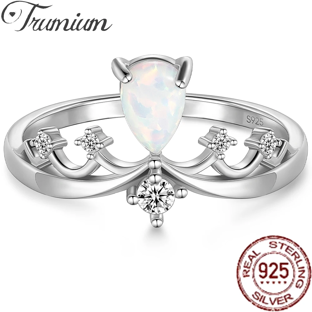 

Trumium 925 Sterling Silver Ring Zirconia Princess Crown Tiara Wedding Band for Women Eternity Opal Promise Ring Fine Jewelry