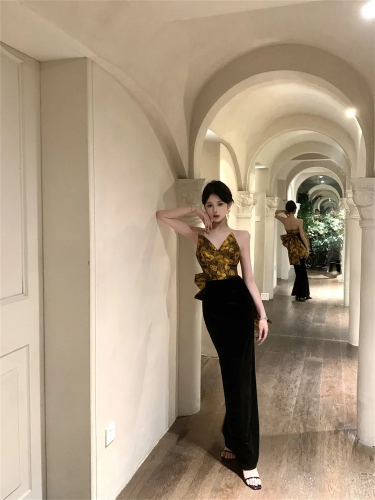 Palace Vintage Party Dress Elegant Ladies Contrast Color Gold Black Long Dresses Gala Bowtie Back Straight Bodycon Evening Dress