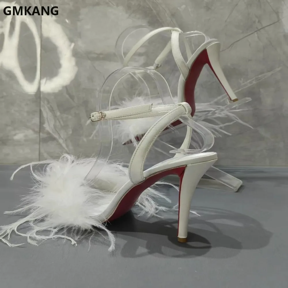 GMKANG Women's Furry Sandals Peep Toe High Heels Buckle Strap Red Sole Slippers Glamorous Feather Trim Comfortable view 6