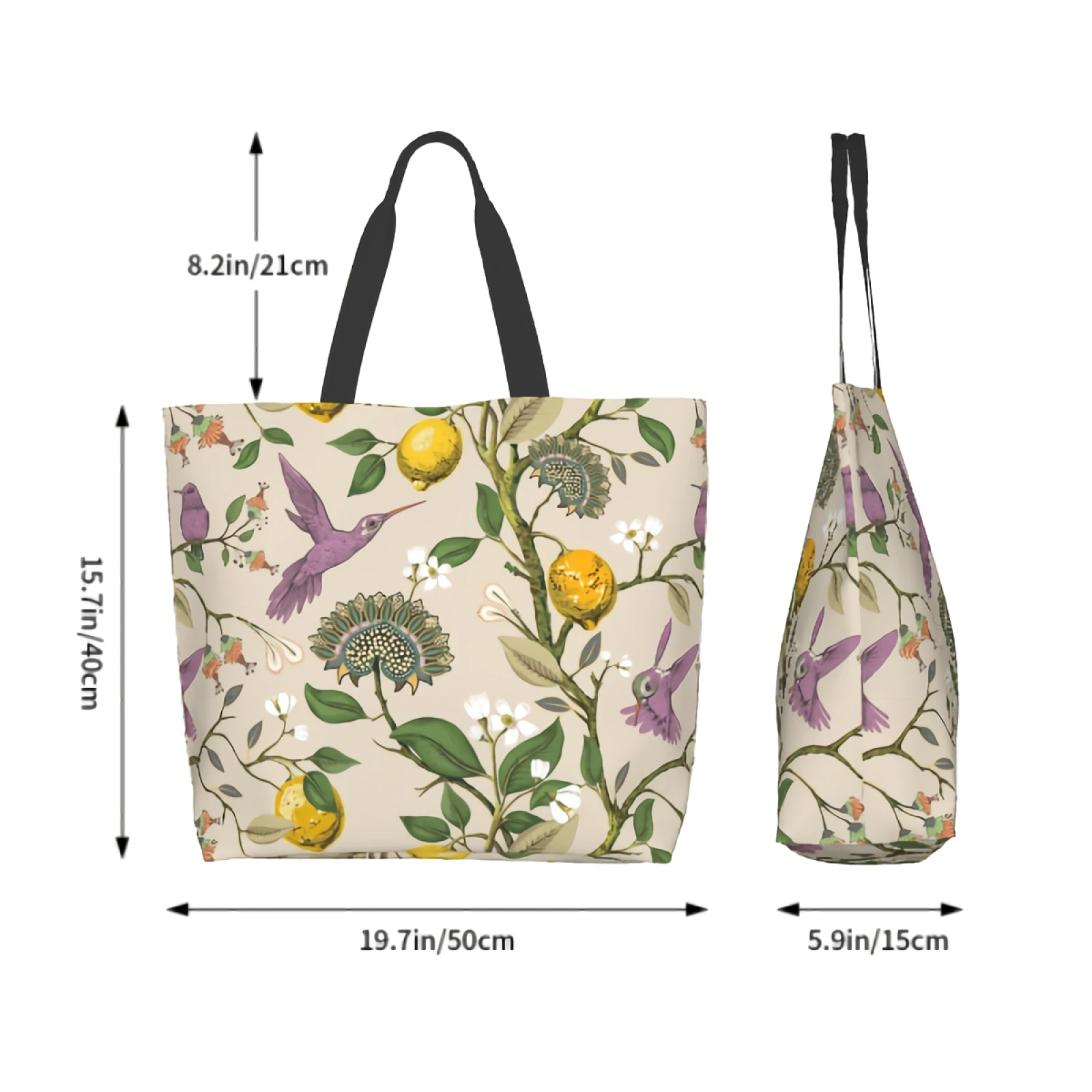 Vintage Flowers Lemons hummingbird retro Nature Birds floral Blooming Canvas Tote Bag Shopping Shoulder Handbag Storage