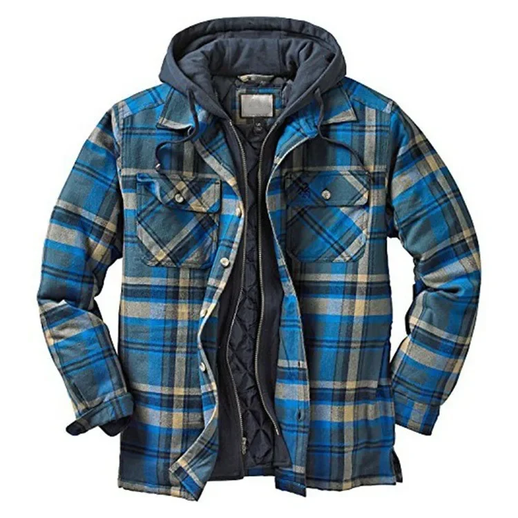 Men Winter Jackets Harajuku Plaid Shirts Coats Hooded Zipper Long Sleeve Basic Casual Shirts Jackets European Style Size S-5XL