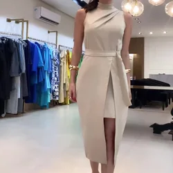 Dress Women Slim Fit Mid Length Dresses Sleeveless Tight High Waist Round Neck Splice Elegant Vestidos Office Ladies 2024