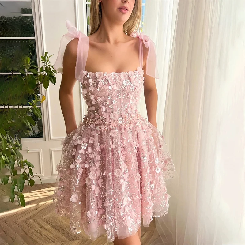 3D Flower Mini Homecoming Dress Prom Dresses Bohemian Spaghetti Straps Sequins Cocktail Party Gown Vestidos de Graduación