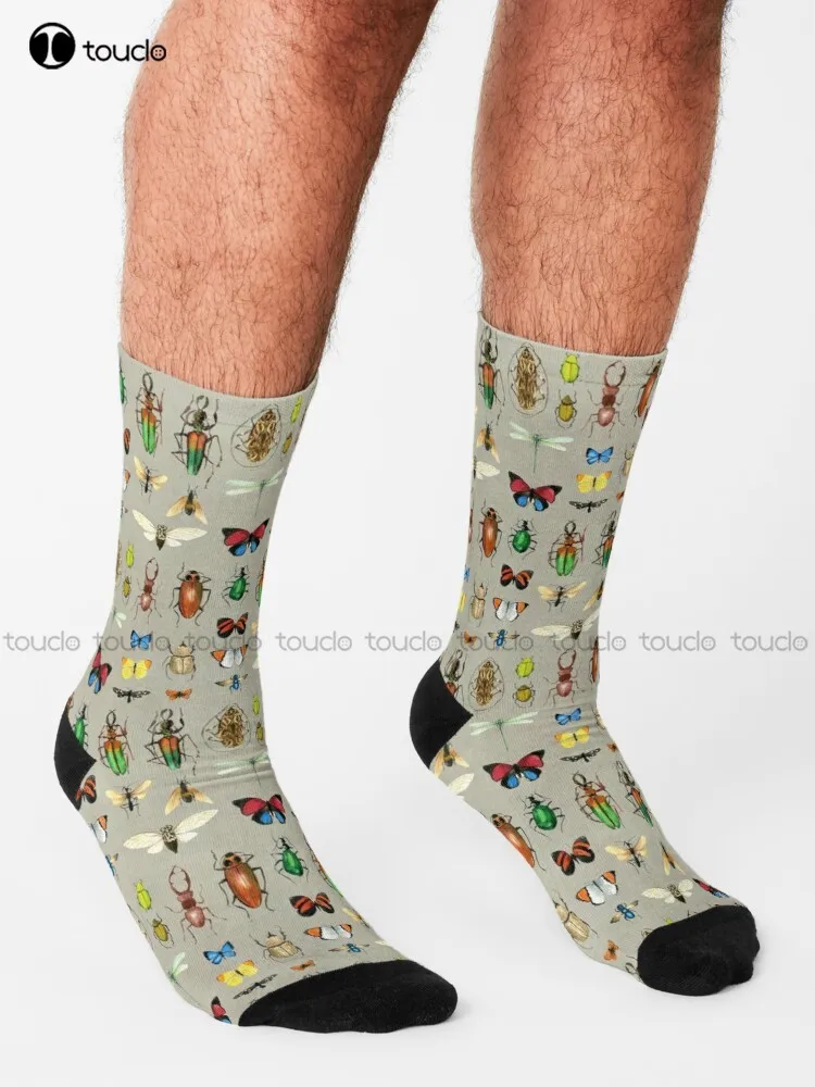 The Usual Suspects - Insects On Grey - Watercolour Bugs Pattern By Cecca Designs Socks Brown Socks Unisex Adult Teen Youth Socks