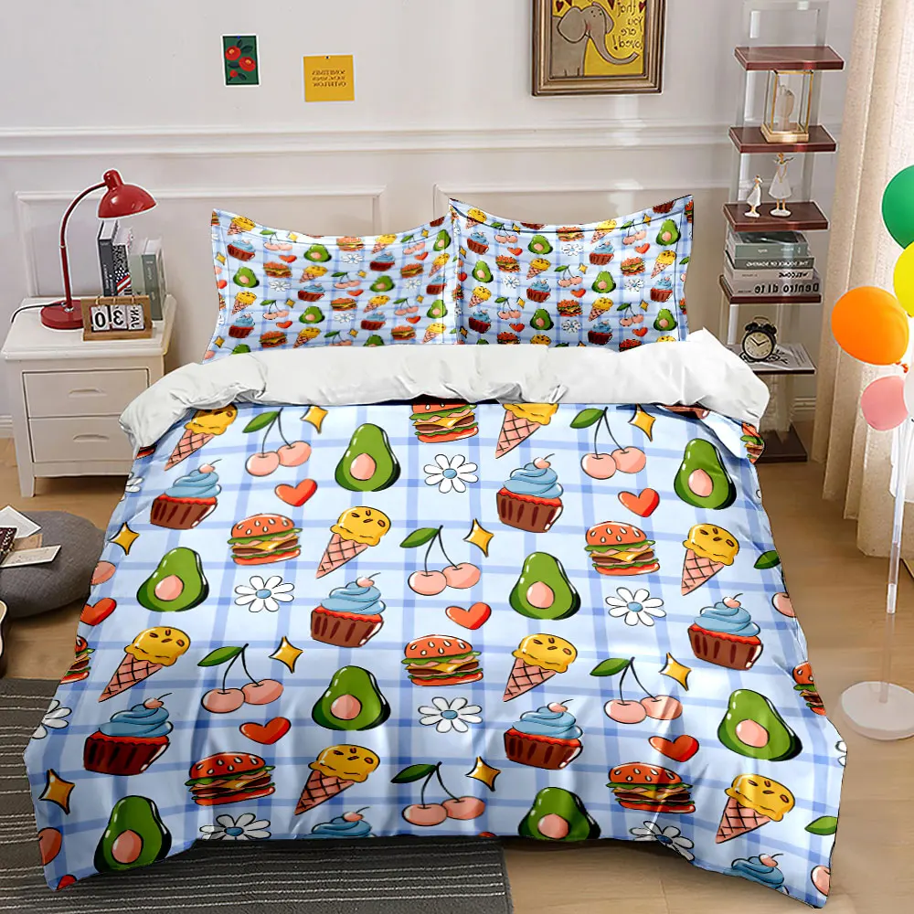 

Cartoon food and fruit Pattern Duvet Cover Set Digital Print Colorful Polyester Bedding with Zipper Closur for kids gifts