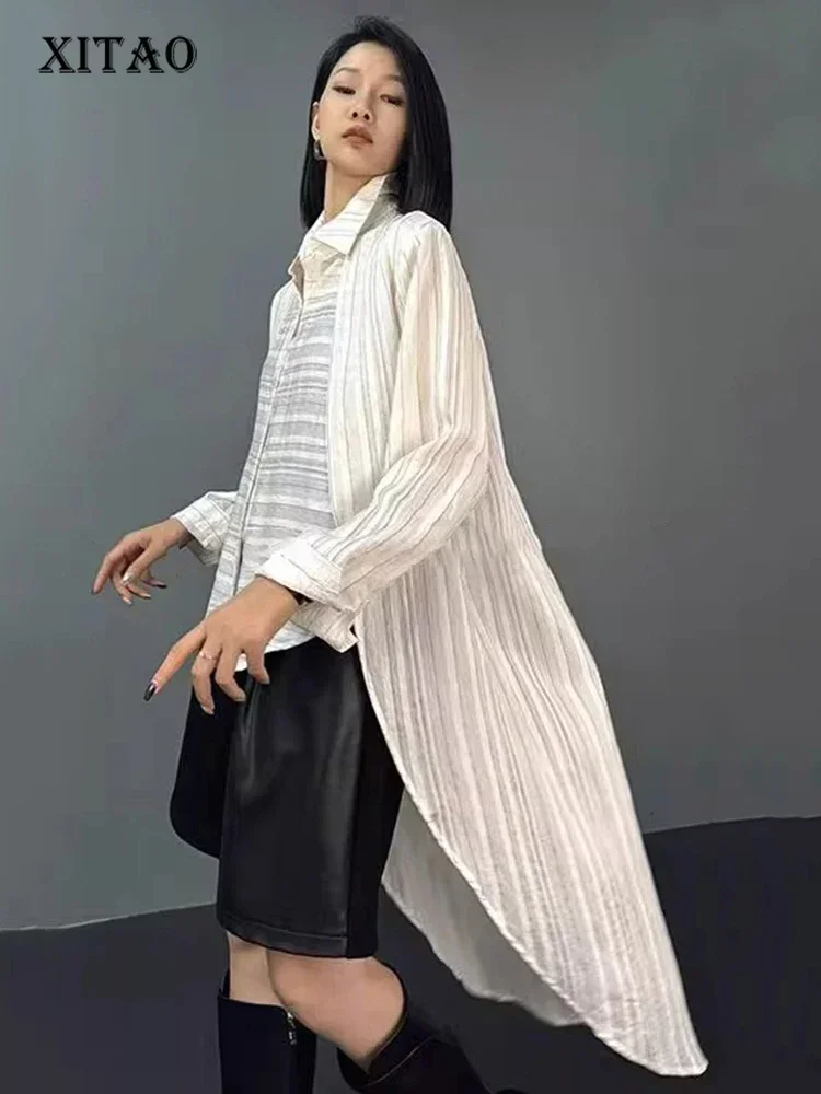 

XITAO Asymmetrical Striped Single Breasted Women Shirt Turn-down Collar Loose Fashion All Match Temperament Blouse New ZY8917