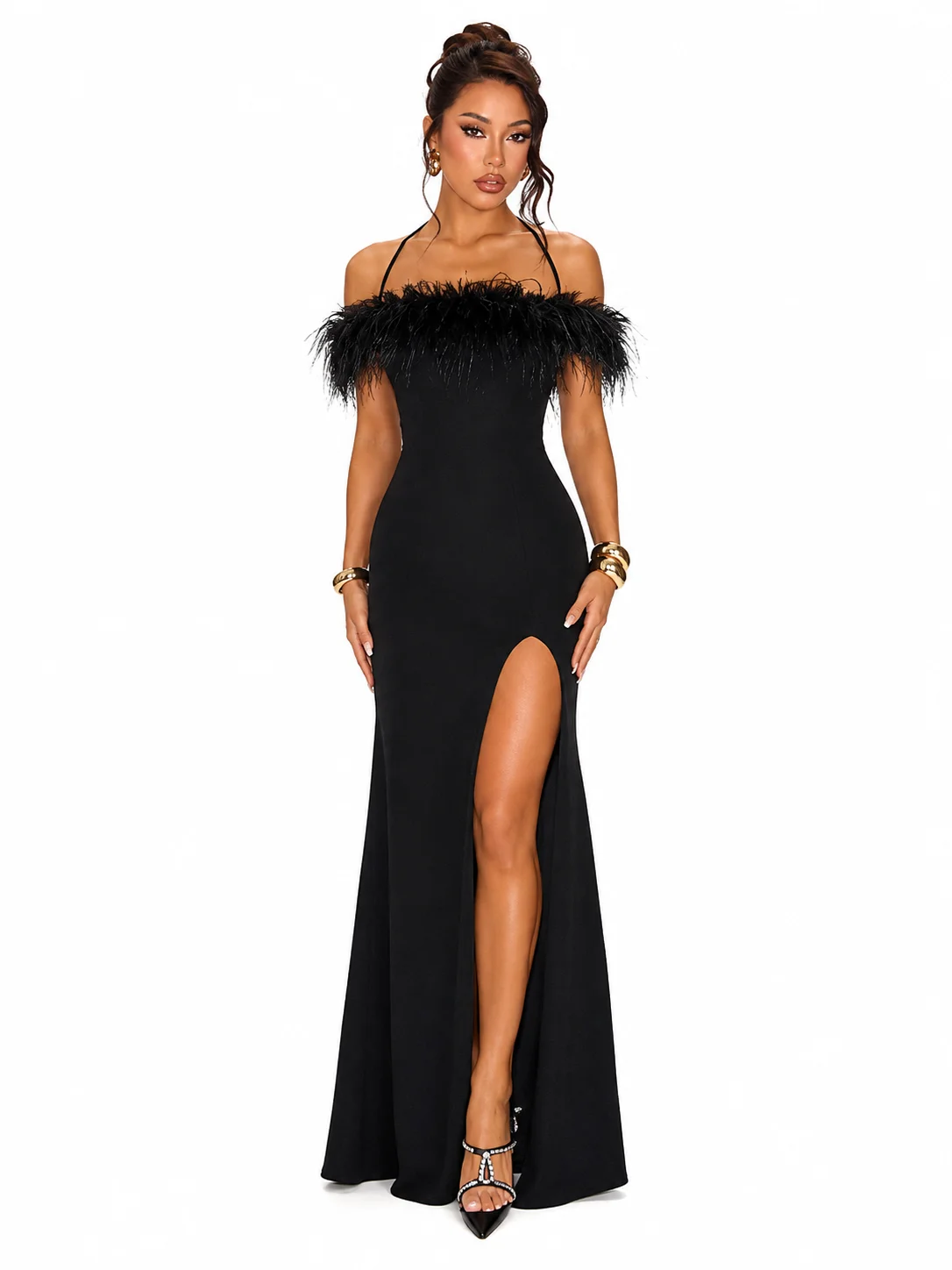 Maxi Dress Halter - Women Off Shoulder Feather Mermaid Maxi