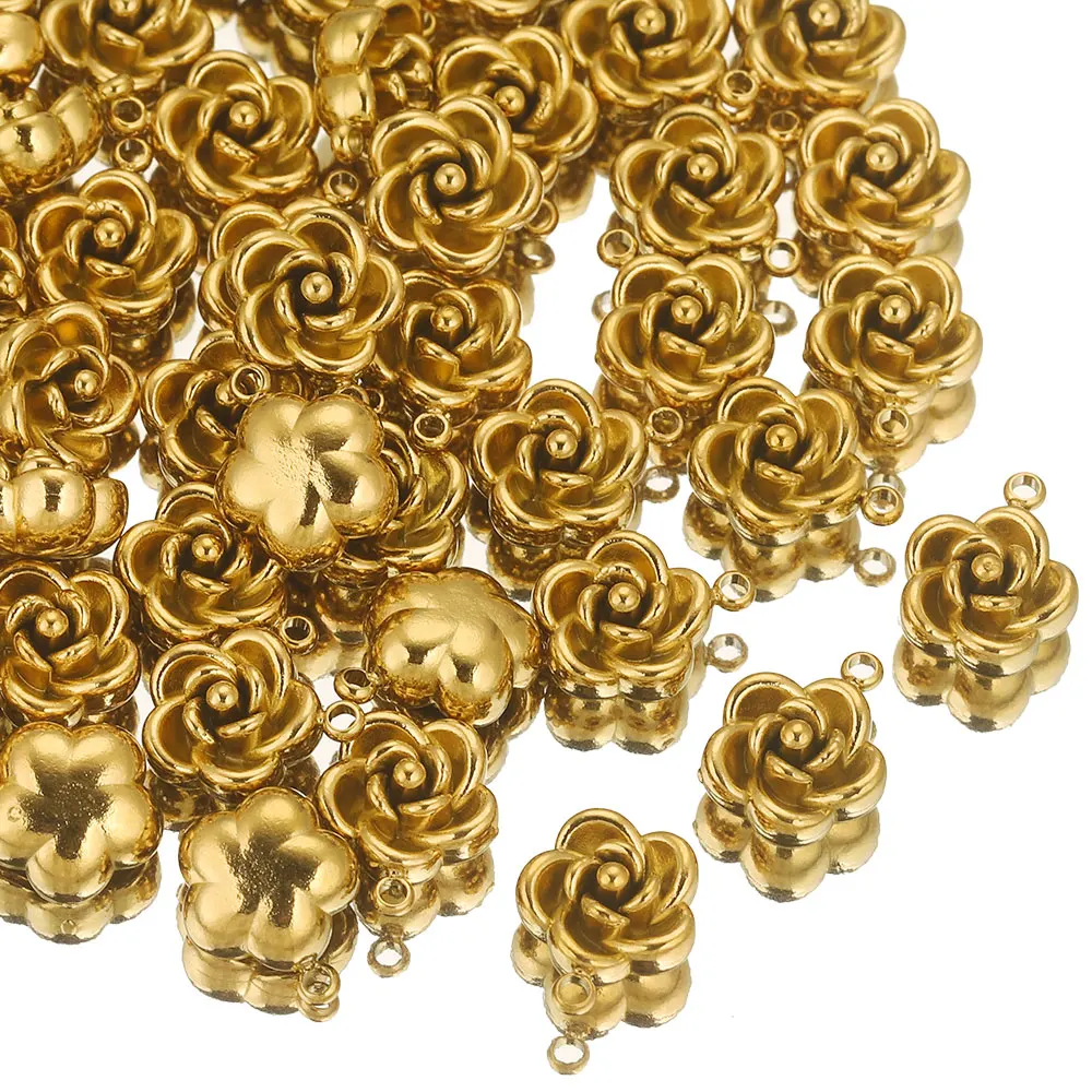 10PCS 8/10mm Stainless Steel Charms Rose Flower Charm PVD Gold Plated Metal Earring Necklace Bracelet Jewelry Making Wholesale