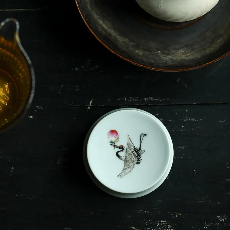 ★Jingdezhen Hand Painted Pastel Ceramic Antique Cover Vintage Crane Peach Real Crane Peach Real Ceramic Cover Support