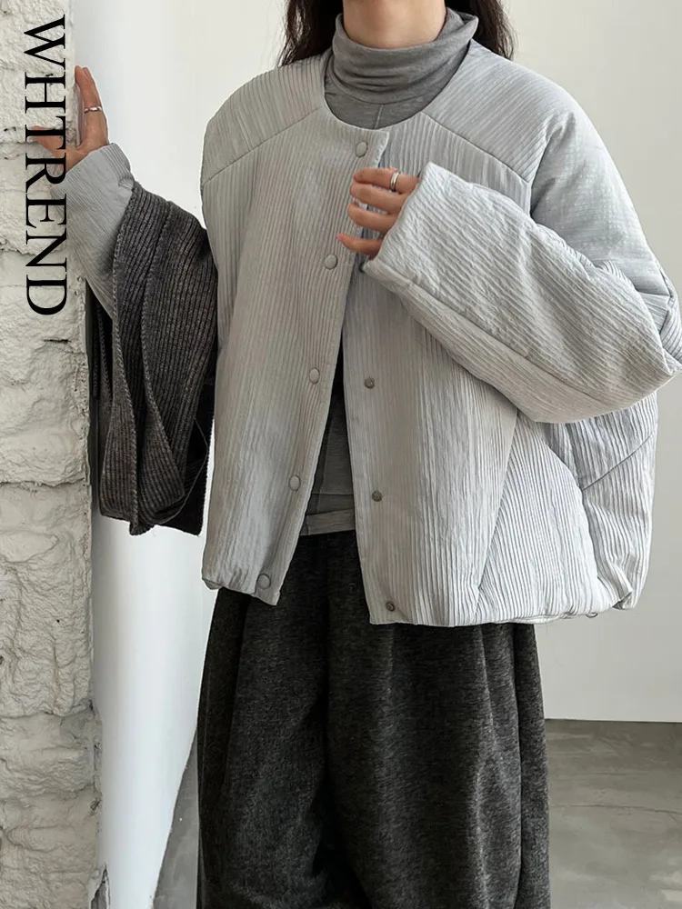 

WHTREND Корейский стиль, простая свободная повседневная короткая хлопковая куртка с круглым вырезом для женщин, зимние хлопковые стеганые пальто WH2155