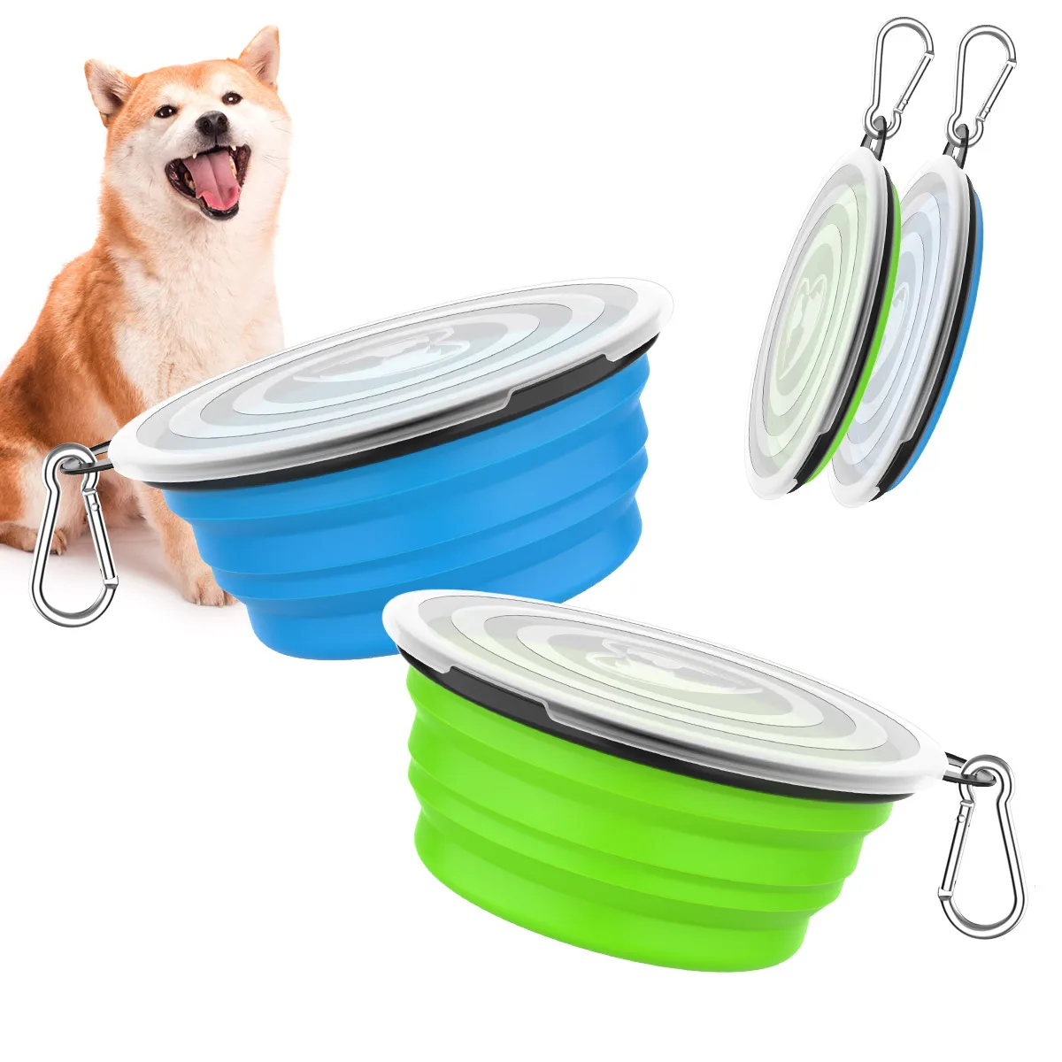 Collapsible Dog Bowls 2 Pack Silicone Feeding Watering Bowls with Lids & Carabiners for Dogs Cats Portable Collapsable Bowl