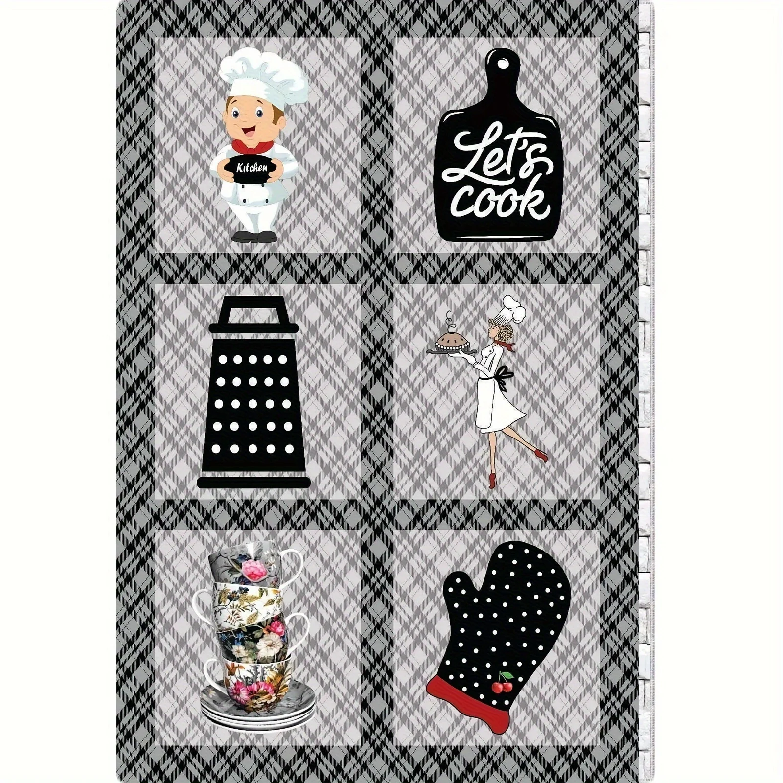 Cartoon Chef Kitchen Doormat, Black Plaid Cooking Utensil Entrance Non Slip Rug, Washable Bathroom Floor Carpet