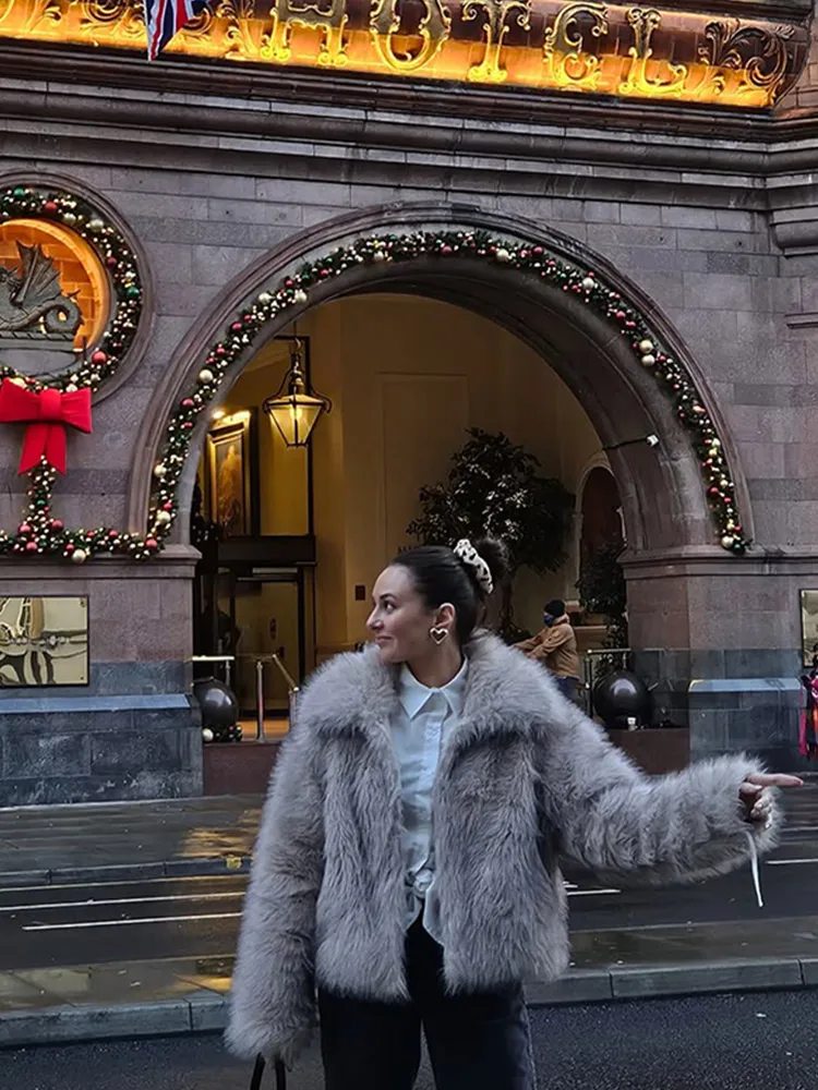 Grijze revers nepbont korte jas damesmode pluizige lange mouw zak met ritssluiting losse thermische jassen dame 2025, dagelijkse woon-werkkleding