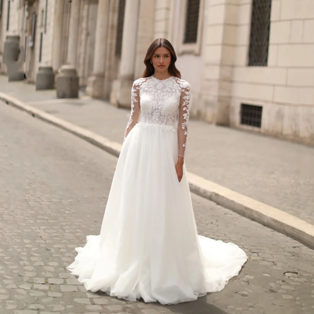 

Msikoods Boho Wedding Dresses 2025 Illusion Long Sleeve V Neck A Line Bridal Gown Luxury Lace Applique Wedding Gowns Customized