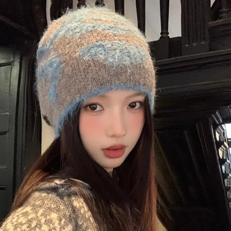 Japanese Color Matching Wool Blended Knitted Hat Autumn and Winter Retro Big Head Versatile Warm Skull Beanie Cap for Women's