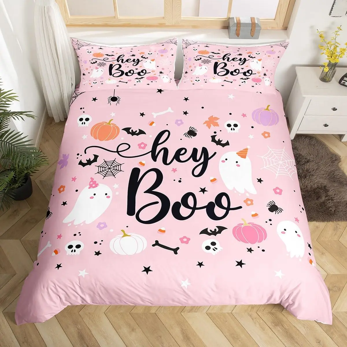 الوردي أشباح حاف مجموعة غطاء حجم واحد هالوين موضوع طقم سرير 2/3 قطعة الاطفال فتاة غرفة ديكور القوطية الجمجمة العنكبوت الخفافيش اليقطين #1