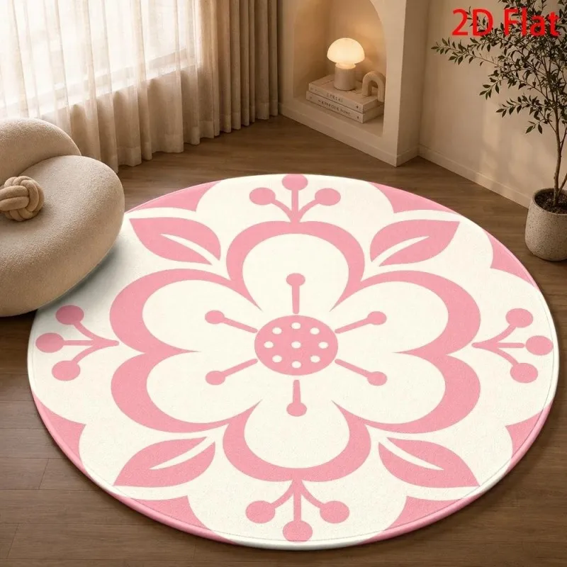 Round Area Rug Pink Flower Pattern Carpet Romantic Floral Home Decor Floor Cover for Bedroom Living Room Lounge Entryway Accent