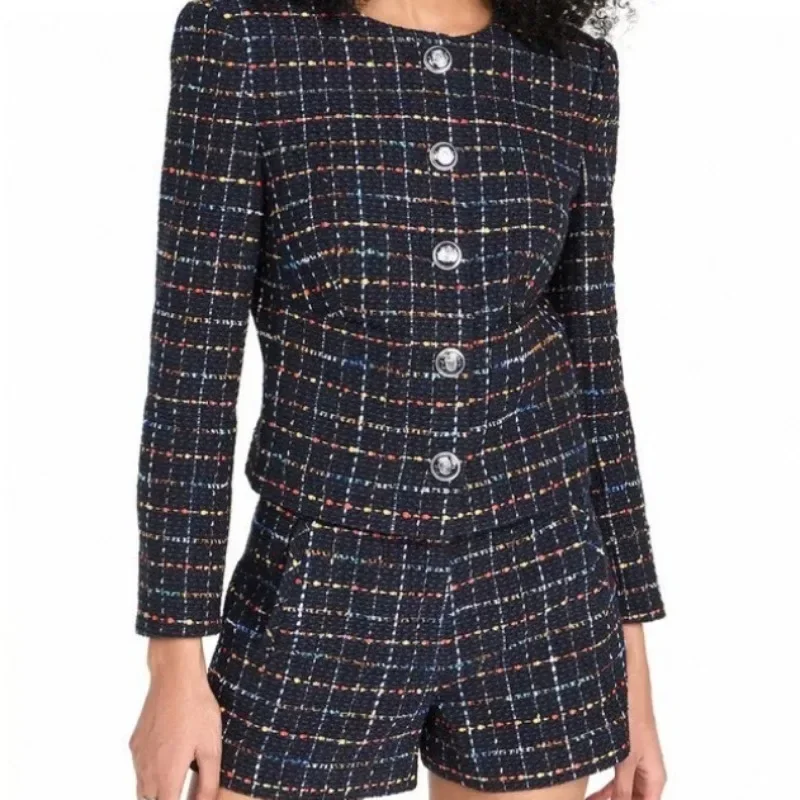 Elegant 2024 Spring Summer High Quality Plaid Woven Buttons Jacket Woman Short Sets