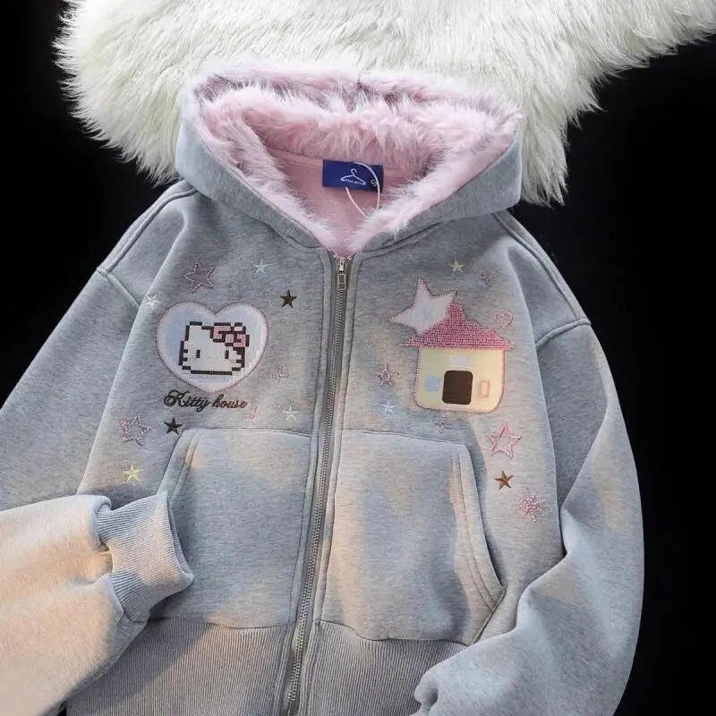 

Kawaii аниме модная повседневная милая куртка с капюшоном и меховым воротником с вышивкой для осени и зимы Sanrio Hello Kitty комплекты женского комплекта