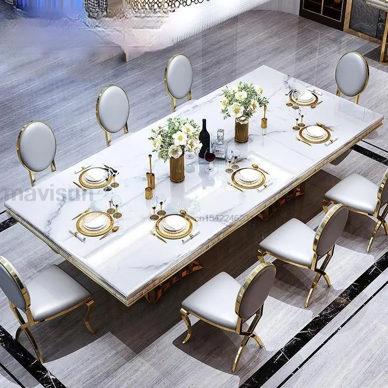 Mesa de comedor y silla de mármol blanco de lujo, combinación de mesas de cocina rectangulares, tipo italiano, muebles modernos grandes y concisos