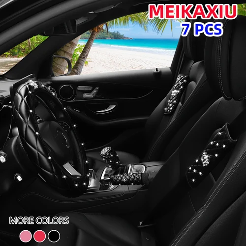 Imagen 1 del producto 7 juegos de cubierta de volante de coche con corona bordada de PU con incrustaciones de diamantes, cubierta de mano, cubierta de hombro, suministros automotrices