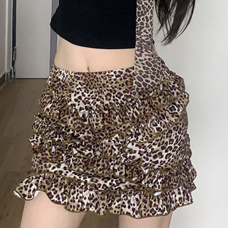 Street retro style personality leopard print skirt American spice Girl sexy low waist all the way round hip skirt