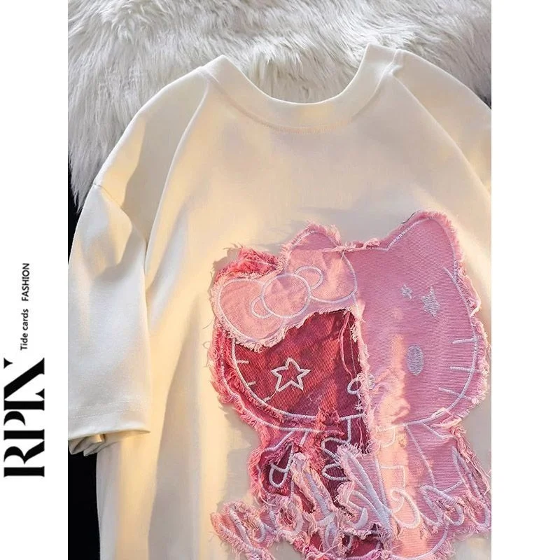 

Hello Kitty Pure Cotton Short Sleeved T-shirt Women Summer Cute Cartoon Patchwork Top Fashionable Versatile Disney Plus Size Top