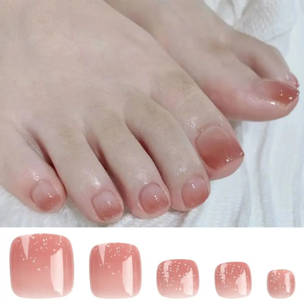 Nail Tips Short Square Fake Toenails Simple French Toe Nails Full Cover Solid Color Foot Nails for Women Girl