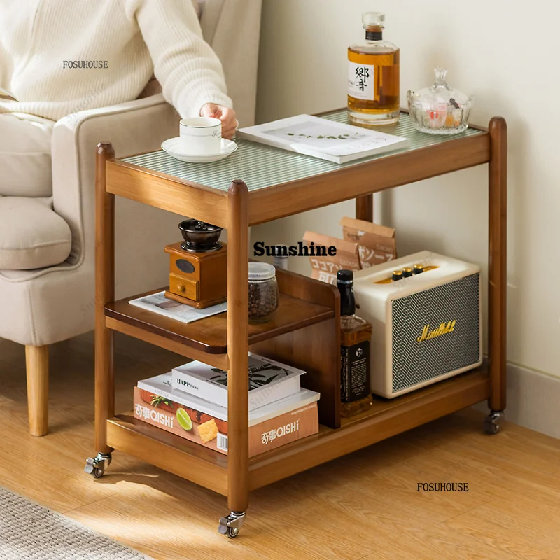 Solid Wood Glass Coffee Tables Living Room Furniture Sofa Tea Side Table Household Movable Bedroom Side Table Shelving