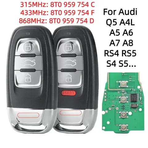 하프 스마트 원격 키 315MHz/433MHZ/868MHZ Audi Q5 A4 A4L A5 A6 A7 A8 자동차 키 754C/F/D Promixity 카드