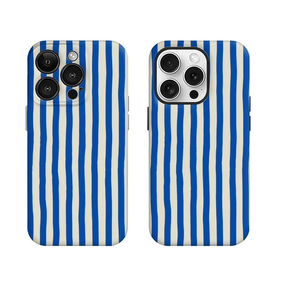 Funda de teléfono iPhone 17 16 15 14 13 12 11 X XS XR 7 8 Air Pro Max Plus Funda trasera de lujo de doble capa Rayas náuticas azules y crema