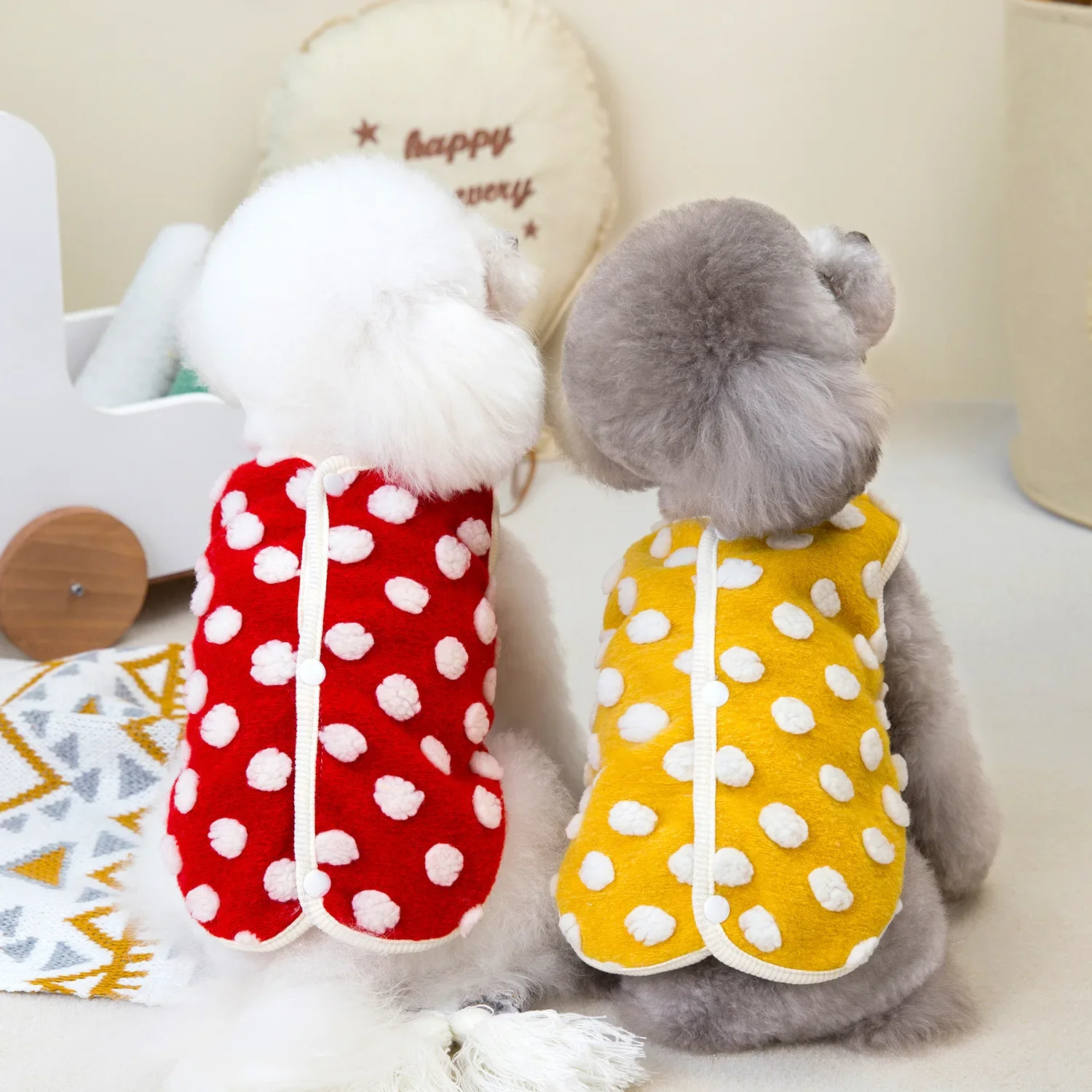 Pet Polka Dot Plush Coat Dog Buckle Coat Cat Small Dog Comfortable Teddy Polka Dot Plush Vest Puppy Dog Jacket Costume