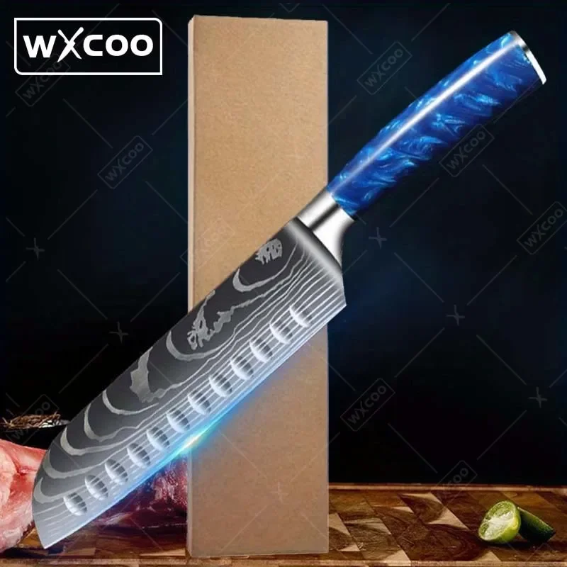 

1 PC Stainless Steel Kitchen Knife Painted Wood Handle with Damascus Pattern Utility Knife Meat Cleaver for Kitchen