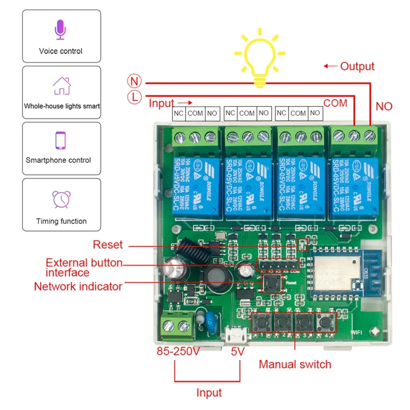 Exquisite-1 PCS Tuya Smart Switch Wifi Switch Module DIY Timer AC 85V-250V 4CH RF White For Alexa Google Home