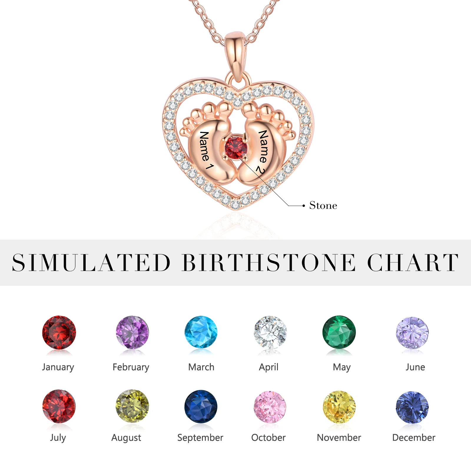 Rose Gold Color Personalized Baby Feet Pendant with Birthstone Custom Name Engraved Heart Necklace Mothers Day Gift Jewelry