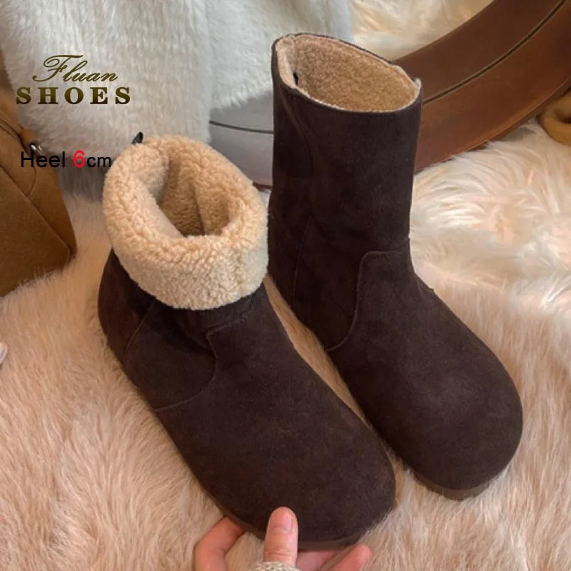 2つの着用スタイル-レディース-スノーブーツ-冬の新作-厚底-厚手フリース裏地付き-暖かいコットンシューズ-レトロ-ショートプラッシュ-ショートブーツ