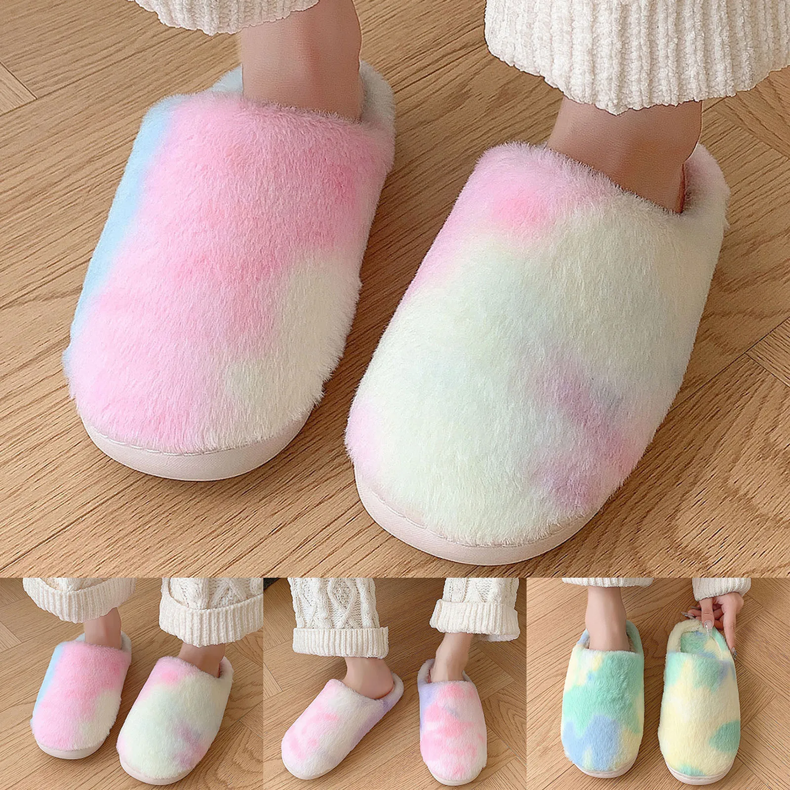 Ladies Fashionable Gradient 2024 Autumn And Winter New Plush Home Lazy Slippers Anti Slip Durable Fashion Warm Slippers Femme