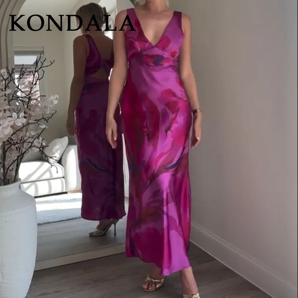 KONDALA 2025 春夏 エレガント レディース ワンピース ファッション プリント Vネック バックレス ノースリーブ ジッパー キャミ ストレート レディース ワンピース