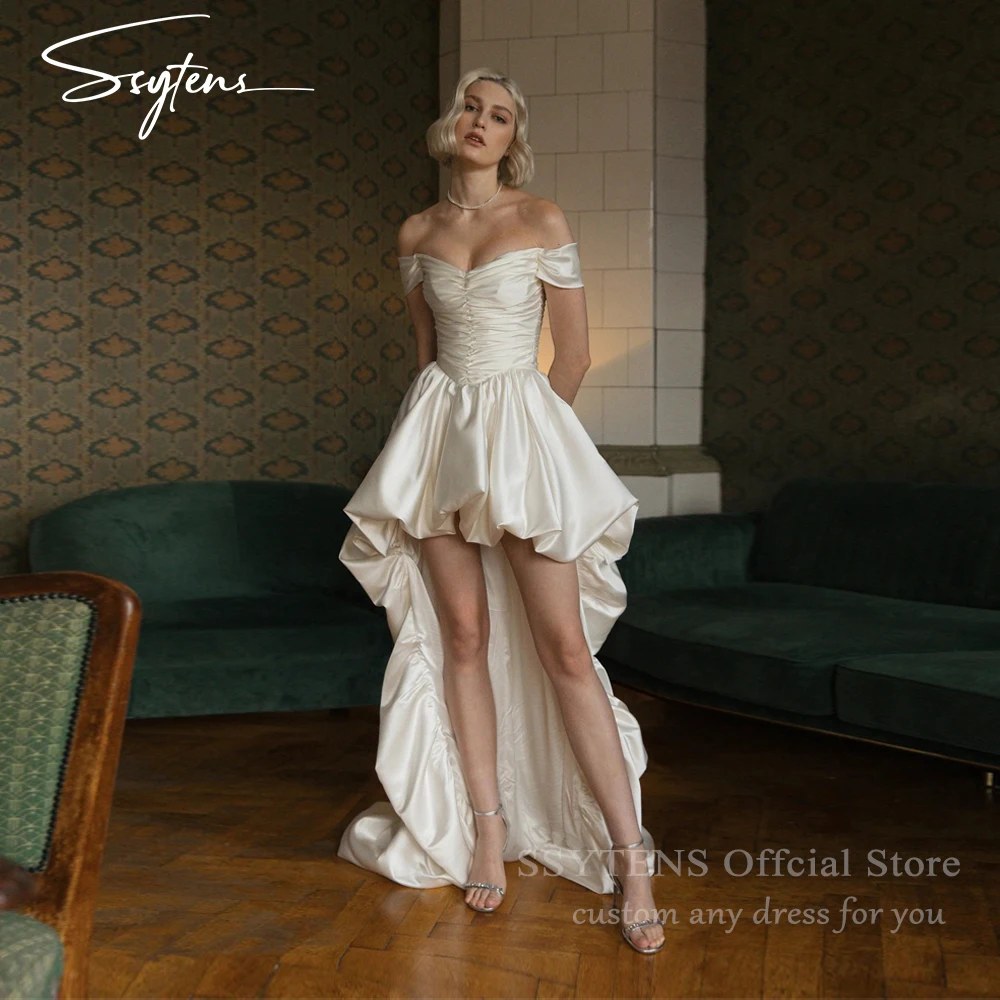 

SSYTENS High/Low Satin Wedding Dresses Simple Off the Shoulder Sleeveless Beach Strapless Bridal Gown Sexy Backless Customized