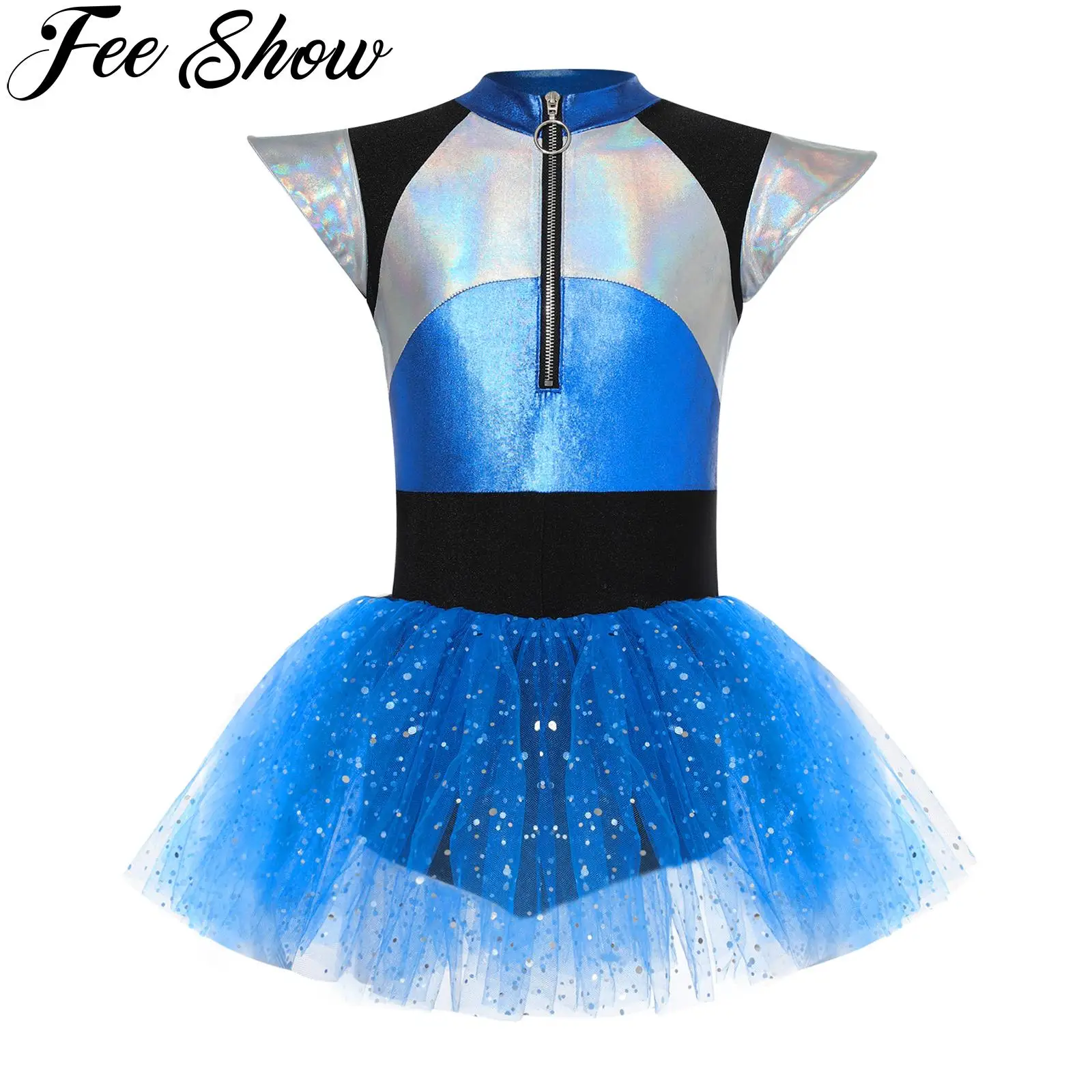 

Kids Girls Alien Costume Cheerleading Cosplay Dress Short Sleeve Shiny Leotard Tutu Dress Halloween Cosplay Performance Dress Up