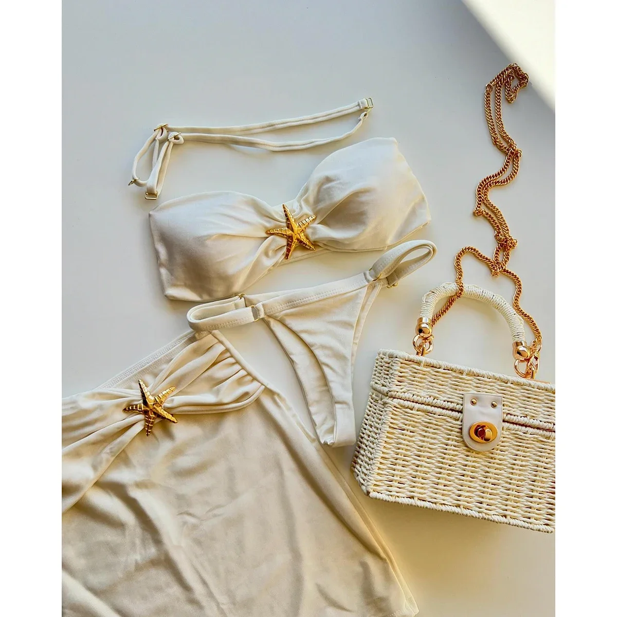 3 조각 비키니 세트 Bandeau 비키니 2024 섹시한 여성 수영복 반짝 이는 치마 여성 수영복 StarfishBathing Suit Beachwear Cover Ups