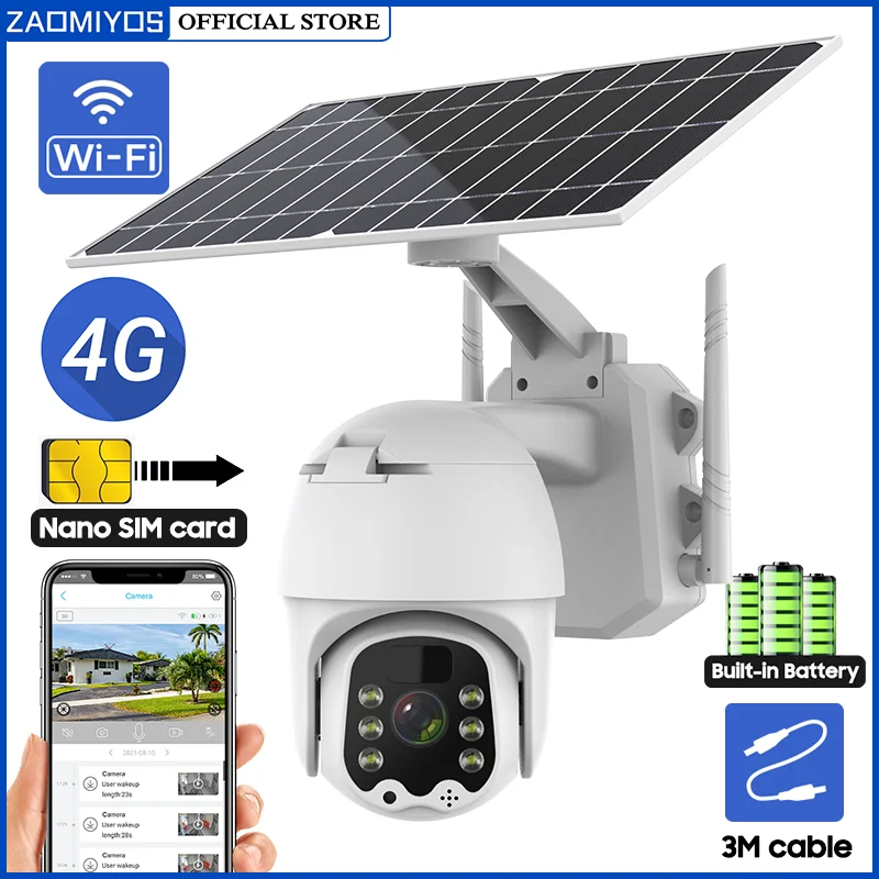 

ZAOMIYOS 4G LTE FDD GSM Solar Recharge Battery Wireless PTZ Camera 1080PHD 3MP Outdoor CCTV Security Surveillance Wifi IP Camera