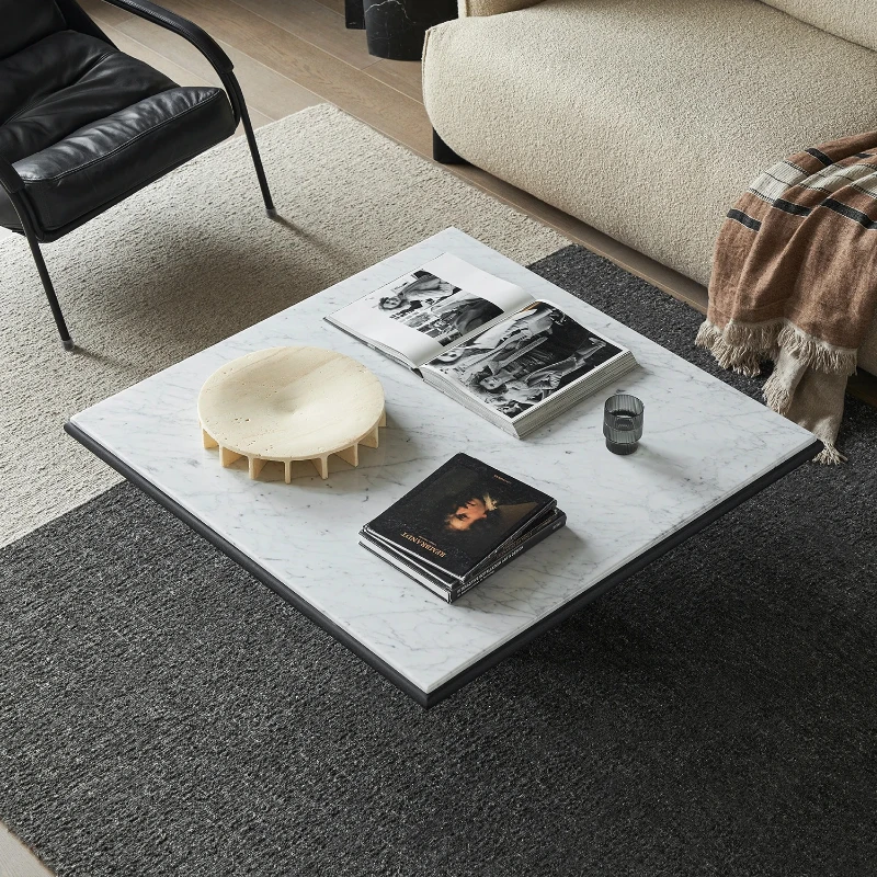 Suspended geometric coffee table | Light luxury dialogue between natural marble and solid wood base, designer square structure